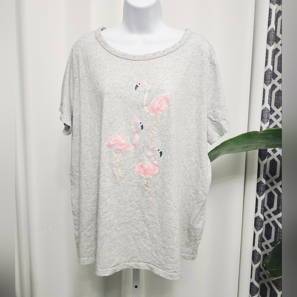 Croft & Barrow Light Gray Flamingo Print Women's Intimate Pj Tee 1X - Picture 1 of 3